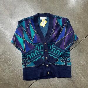 Vintage 90s Abstract Art Blue Purple Men's Medium Button Up Cardigan